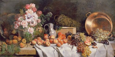 Still Life with Flowers and Fruit on a Table by Alfred Le Petit